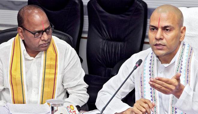 TTD Executive Officer Anil Kumar Singhal addressing the media in Tirumala on Sunday. JEO K.S. Sreenivasa Raju is seen.