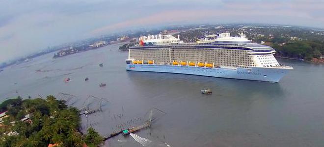 Cruise vessel Quantum of The Seas arriving at the Cochin Port Trust.