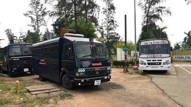   Police vehicles are stationed outside Vedanta's Sterlite Copper premises in Thoothukudi on April 27, 2021. 