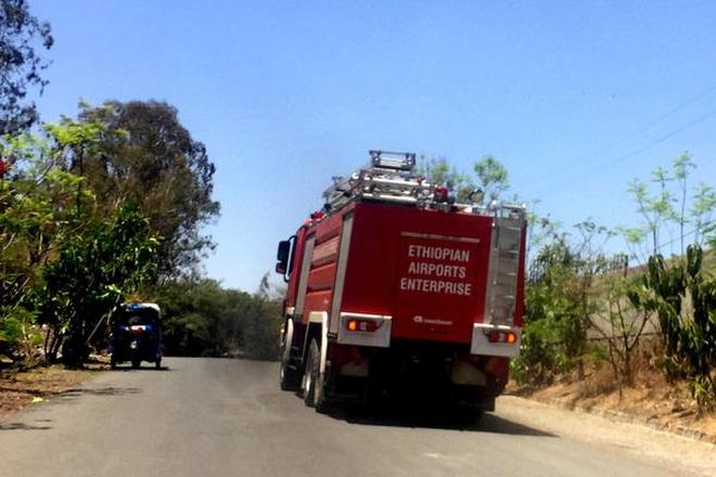 An Ethiopian Airports Enterprise fire engine drives to the scene of the Flight ET 302 plane crash, near the town of Bishoftu, southeast of Addis Ababa, Ethiopia on Sunday.