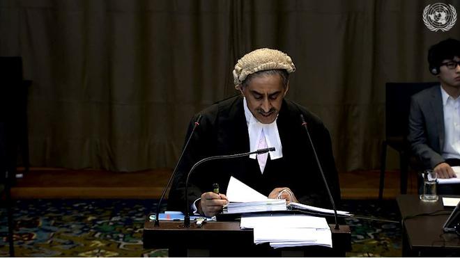 Pakistan's counsel Khawar Qureshi speaking at the second day of the hearing in the Kulbhushan Jadhav case at the International Court of Justice on February 19, 2019.