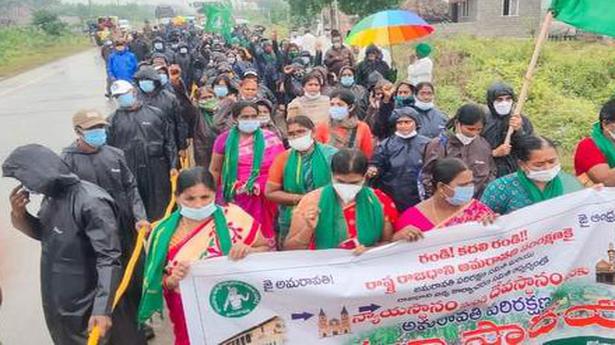 Amaravati farmers continue their march amid rain and police curbs