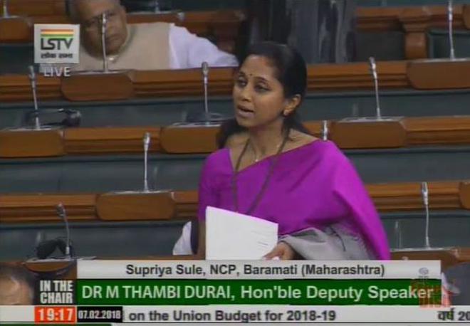 NCP member Supriya Sule speaks in the Lok Sabha during the discussion on the Union Budget on February 7, 2018. Photo: Lok Sabha TV