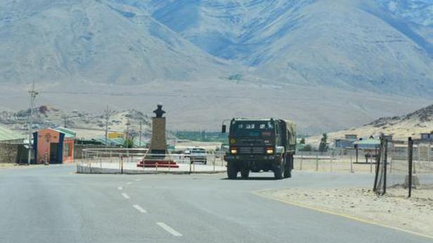   An army truck moves towards LAC, amid India-China border dispute in eastern Ladakh, in Leh. File  