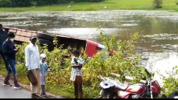 KSRTC bus falls into pond