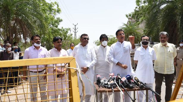 Randeep Surjewala announcing the decision to remove Sachin Pilot from party and CAbinet posts, in Jaipur.