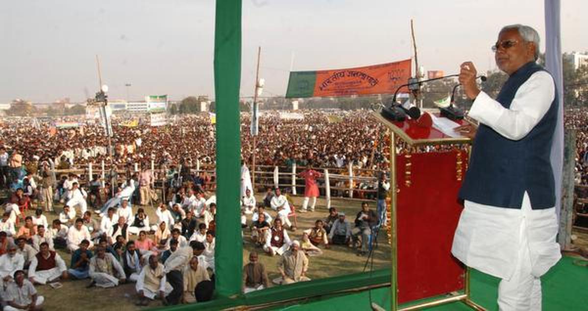 Bihar Chief Minister Nitish Kumar addressing a ‘Maha Dalit Ekjutata rally’ at Gandhi Maidan in Patna. File photo