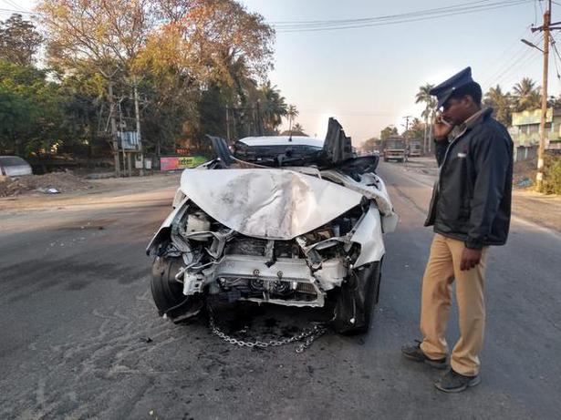 The damaged car in which MP S. Rajendran was travelling